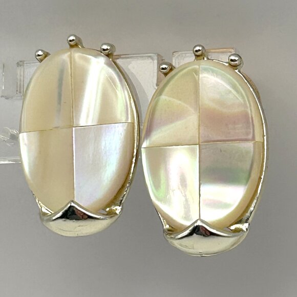 Vintage Marhill Mother of Pearl Clip On Earrings Oval Cabochon Gold Tone Signed - Picture 1 of 12